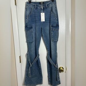 Blue Flare Wide Leg Jeans with Distressed Look